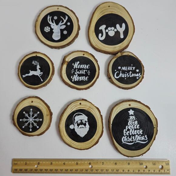 Set of 8 Rustic Wooden Log Pine Chips Black White Christmas Ornaments - Picture 2 of 11